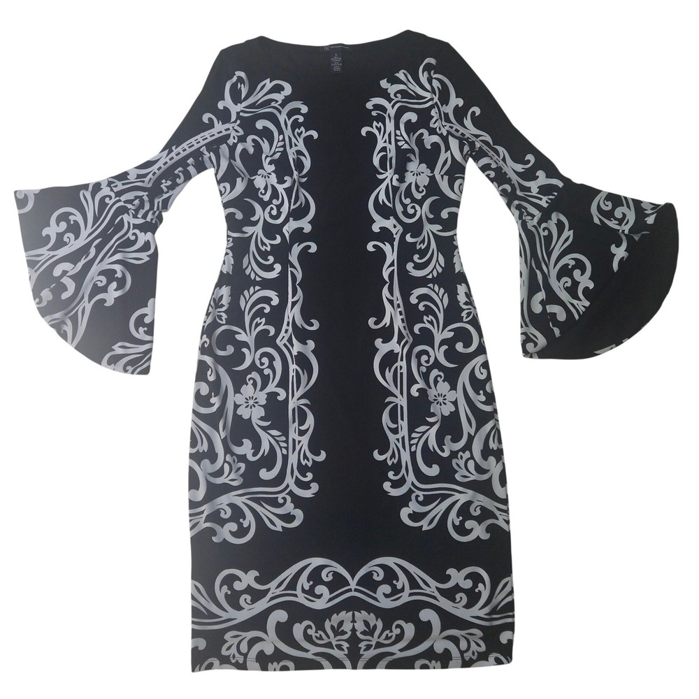 INC International Concepts Bell Sleeve Dress M Black White Scroll Goth Bohemian